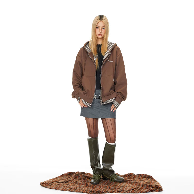 Plaid Patchwork Hooded Cardigan