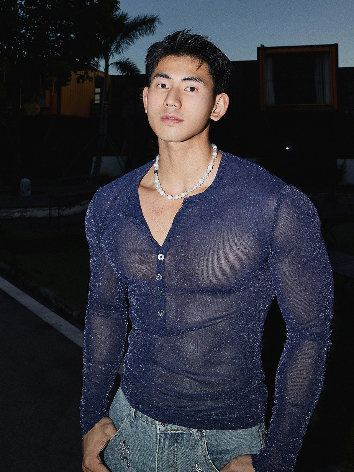 Glitzernde durchsichtige Langarm-Henley-Bluse 