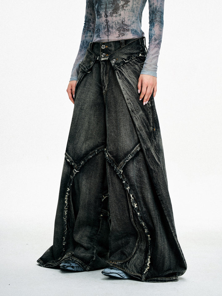 Weite Beinform A-Linie Rohkante Jeanshose 
