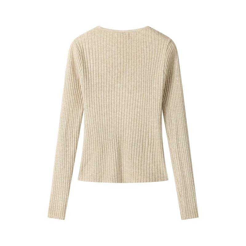 Ribbed V-Neck Wrap Knit Long Sleeve Top