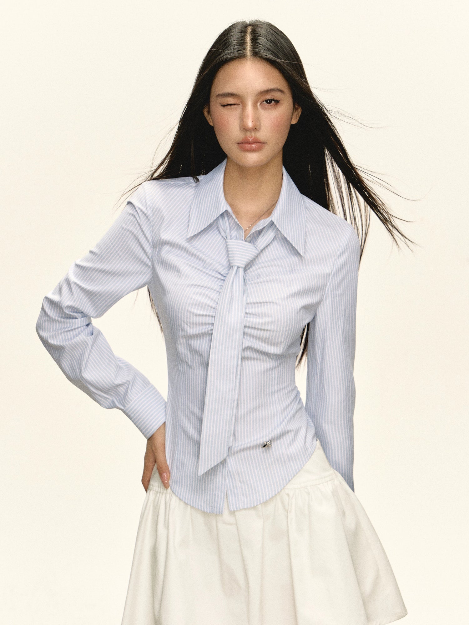 Striped Button-Up Shirt with Attached Tie