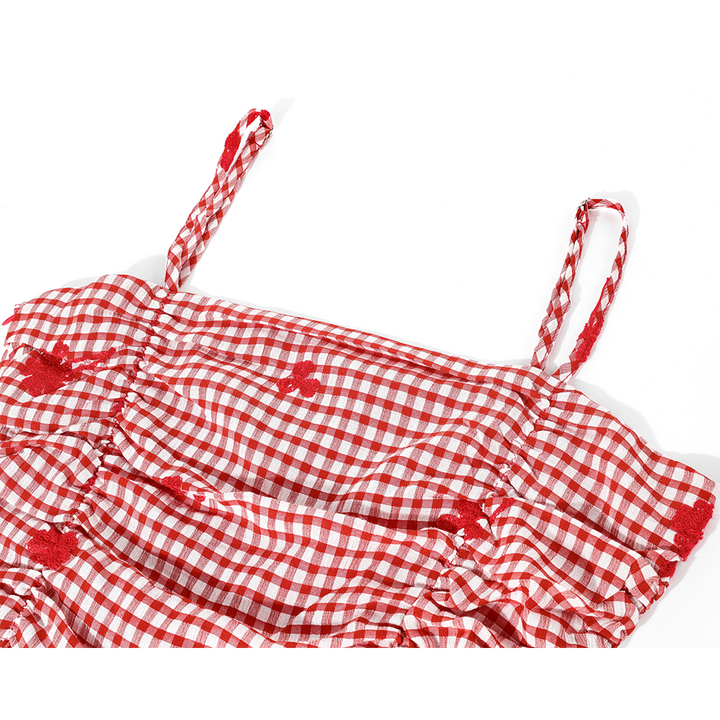 Károvaná plisovaná vyšívaná peplum tílko 