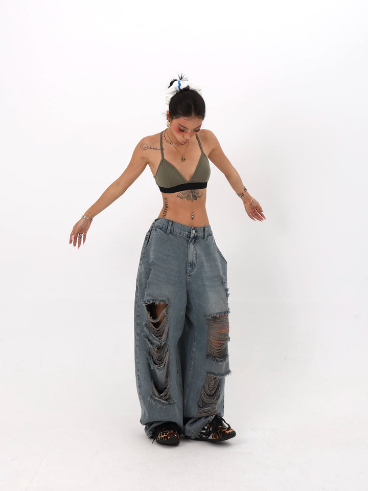 Distressed Ripped Straight Leg Denim Pants