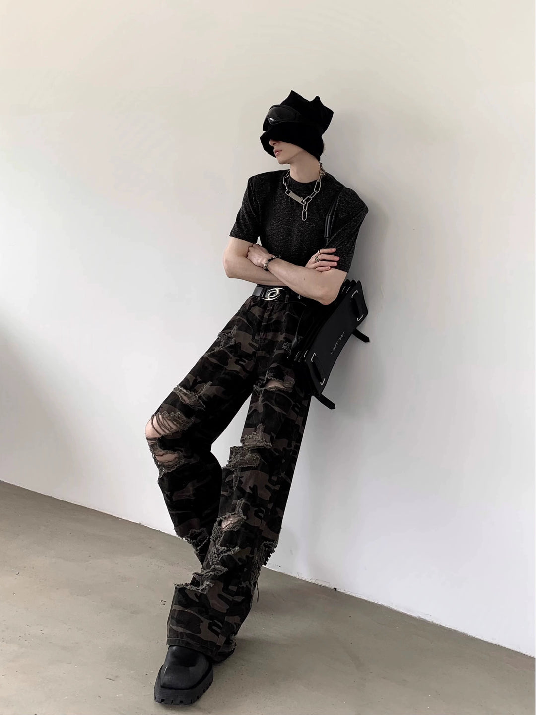 Ripped Camouflage Wide-Leg Jeans