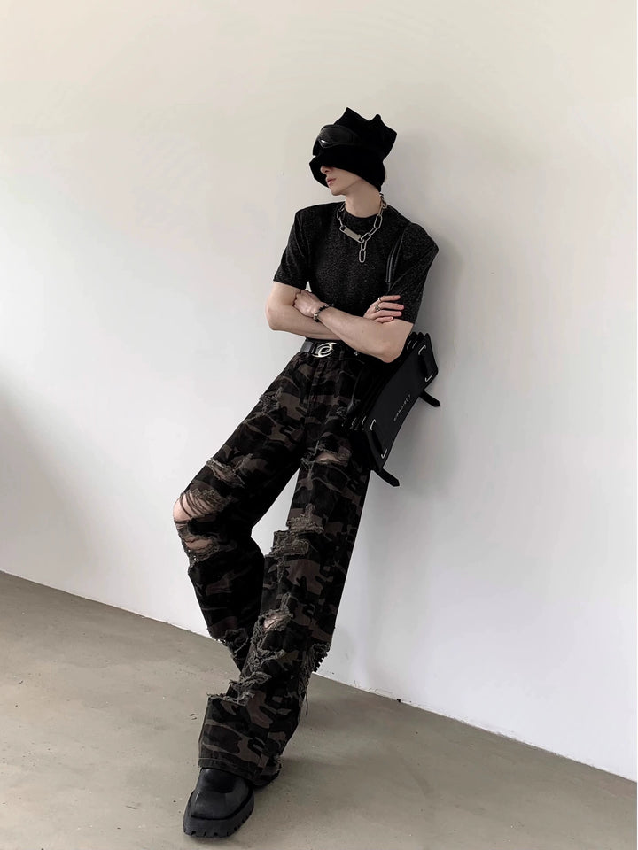 Ripped Camouflage Wide-Leg Jeans