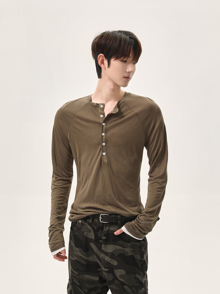 Slim Fit V-Neck Button Pullover