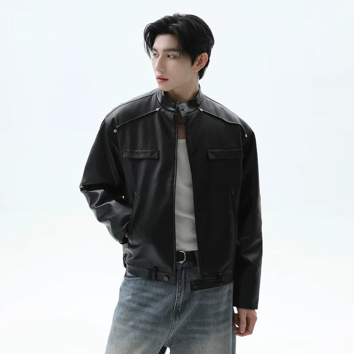 Down Filled Stand Collar Leather Jacket