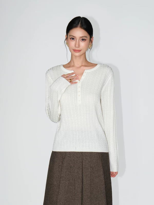 Suéter de Tricô Henley de Lã Canelada 