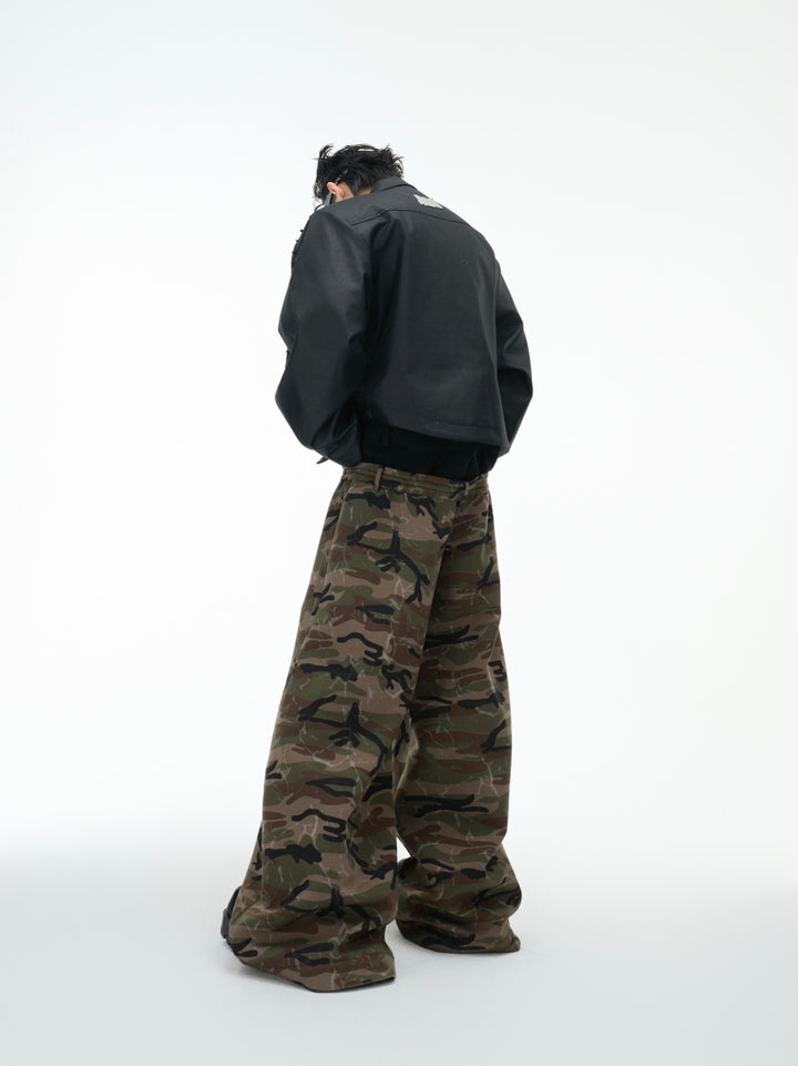 Wide-Leg Camouflage Deconstructed Casual Pants
