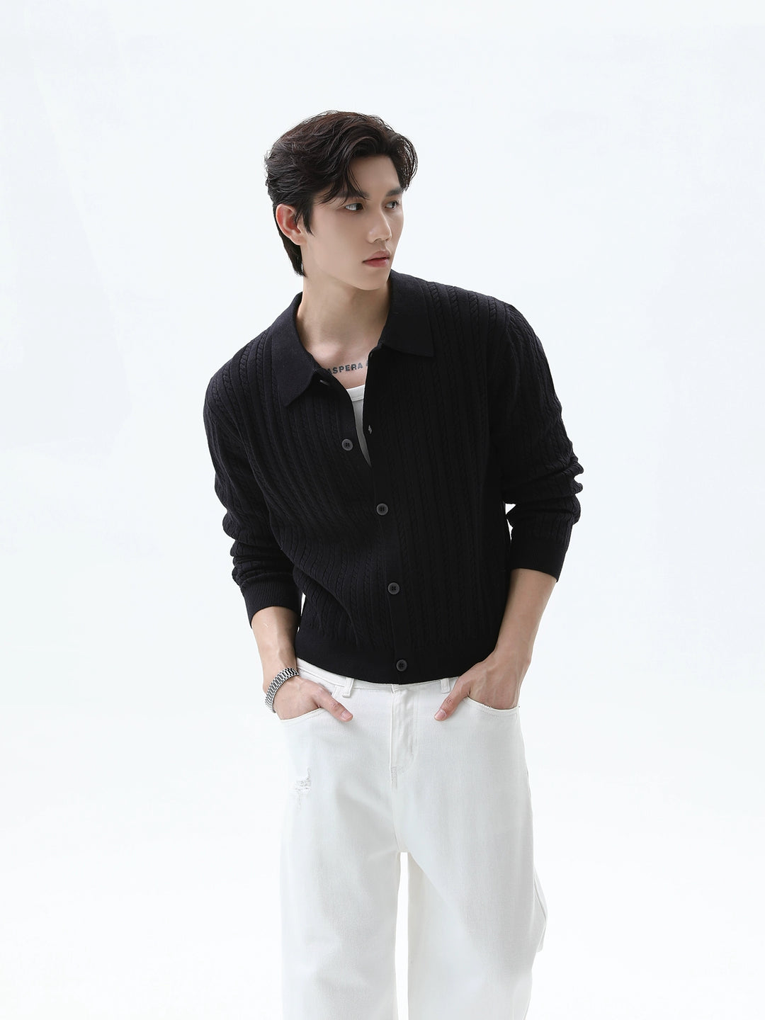 Cable Knit Lapel Button Cardigan