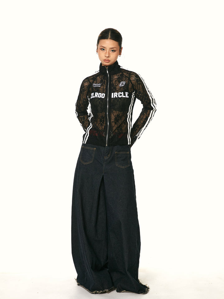 Lace Mesh Stand Collar Cardigan