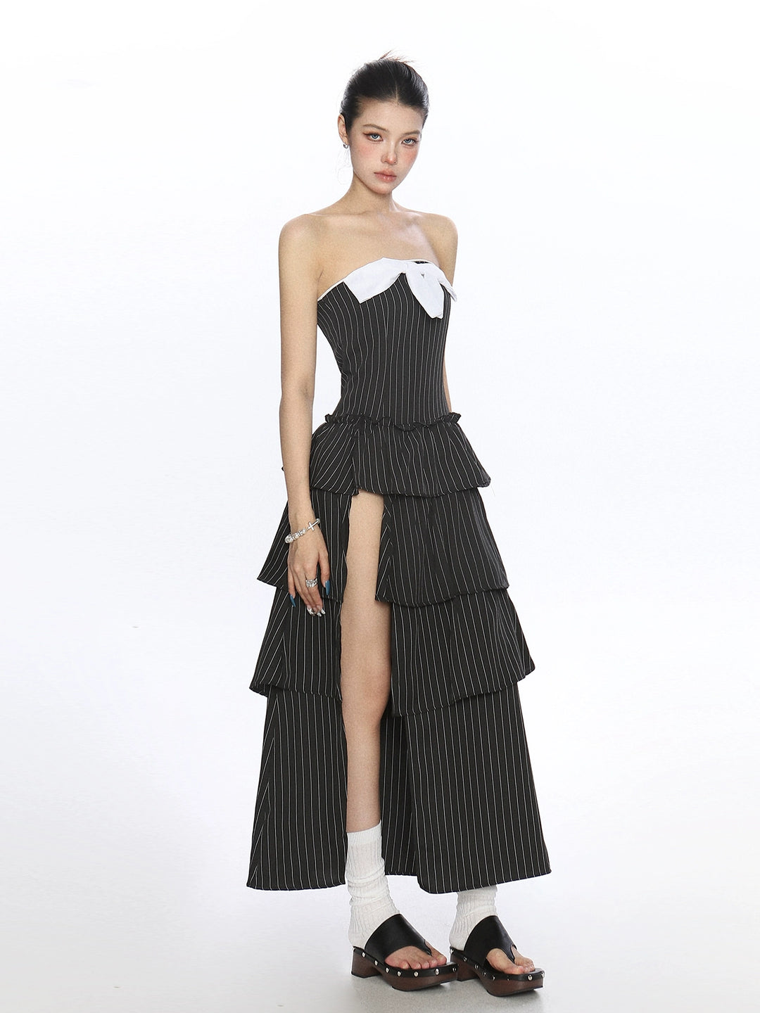 Bowknot Tube Top Slit Long Skirt
