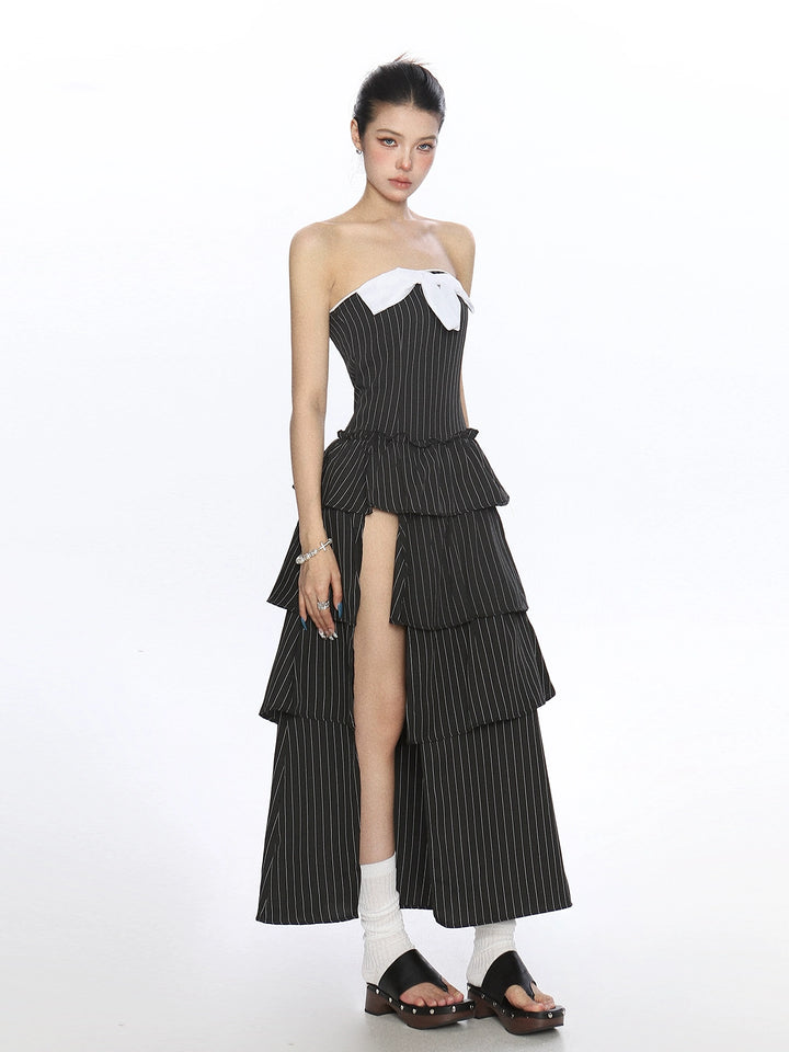 Bowknot Tube Top Slit Long Skirt