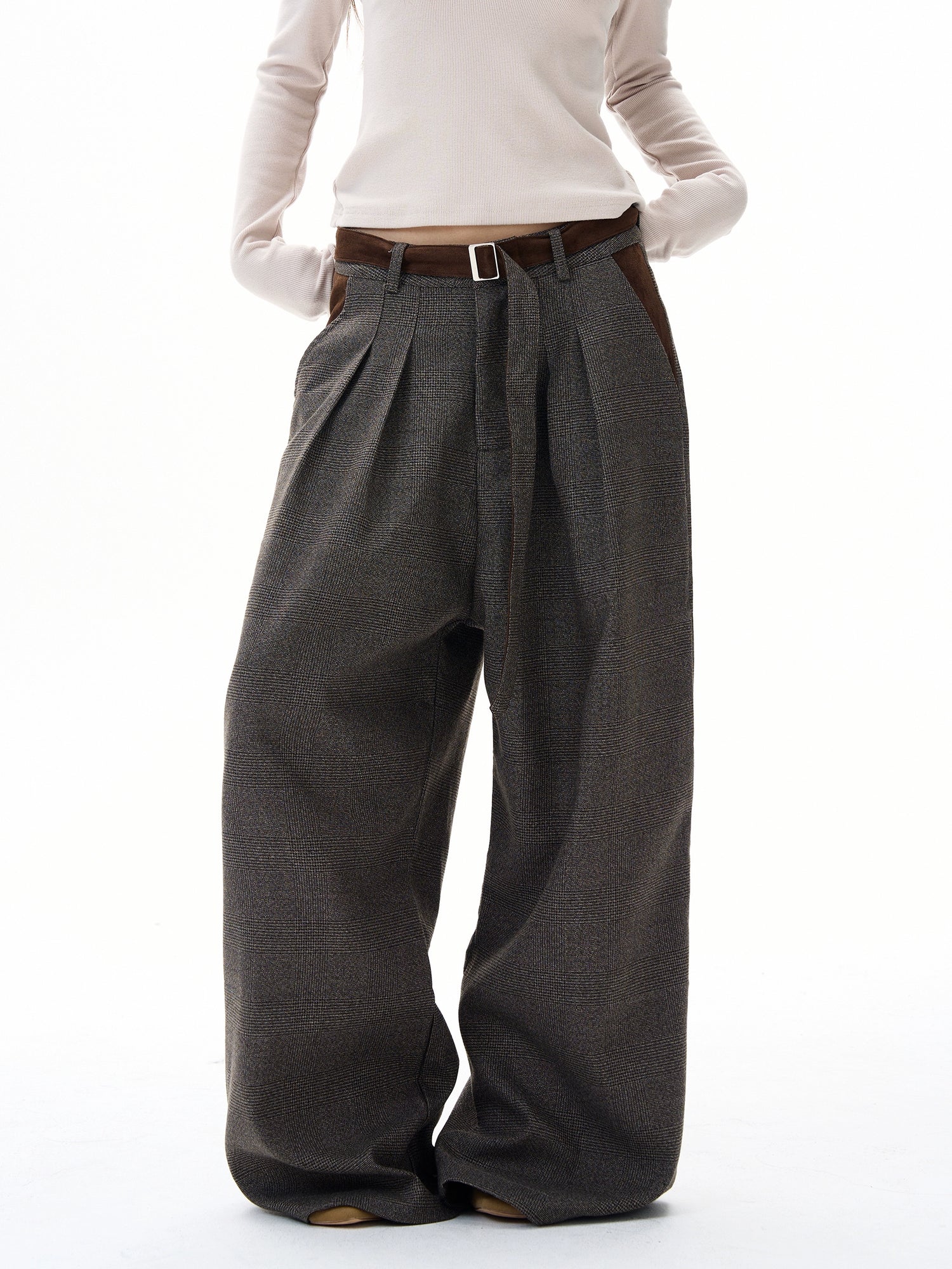 Bol Paça Pliseli Ekose Rahat Pantolonlar 