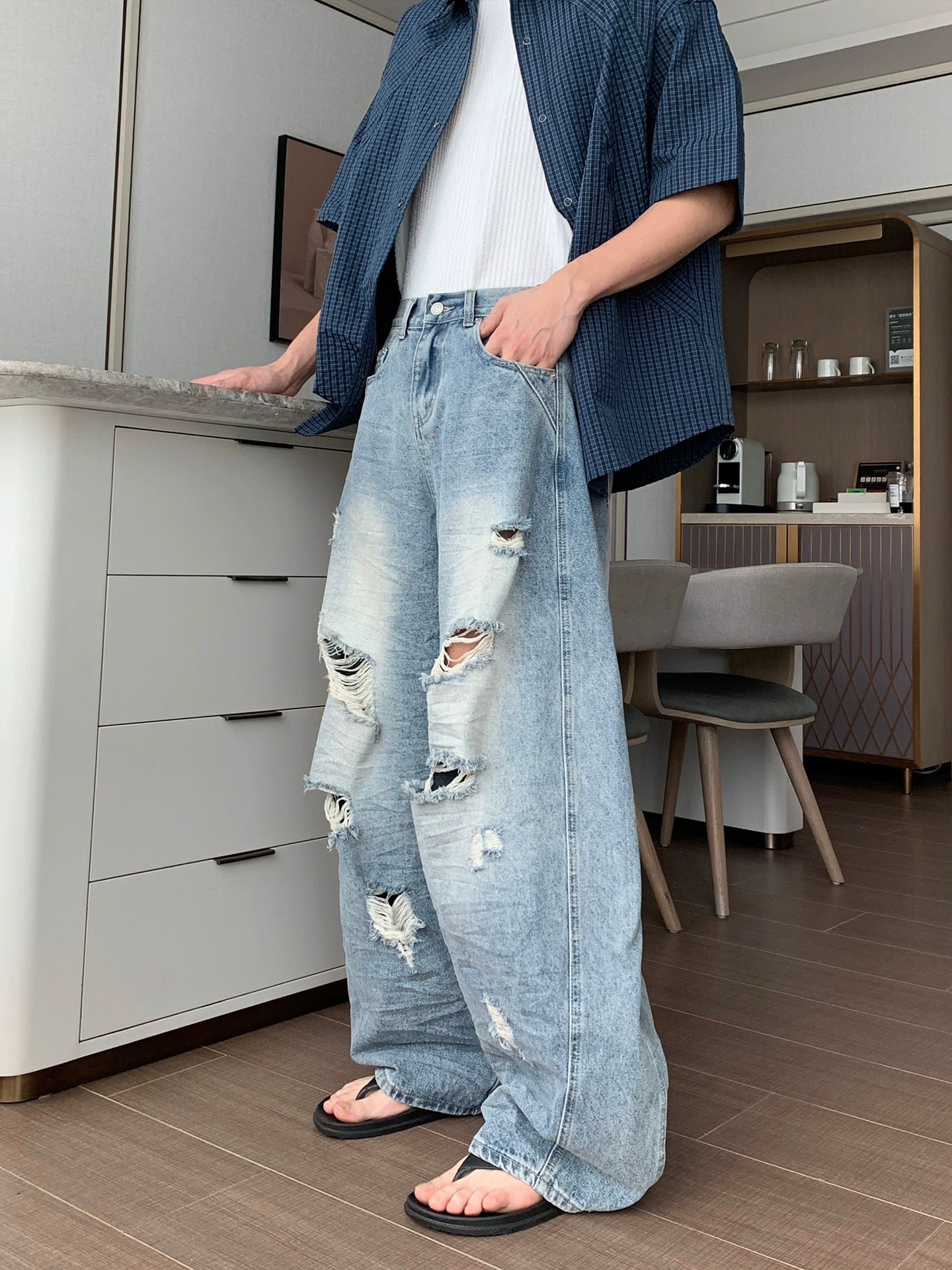 リップドルーズフィットワイドレッグジーンズパンツ 