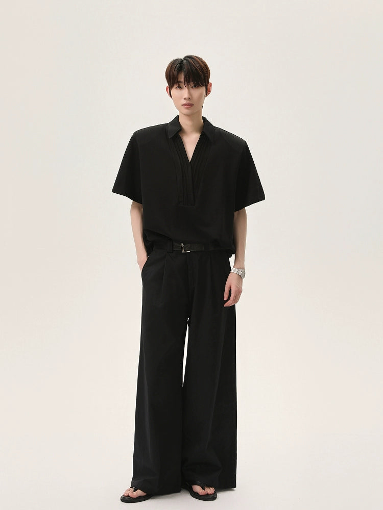 Pleated V-Neck Short Sleeve Pullover