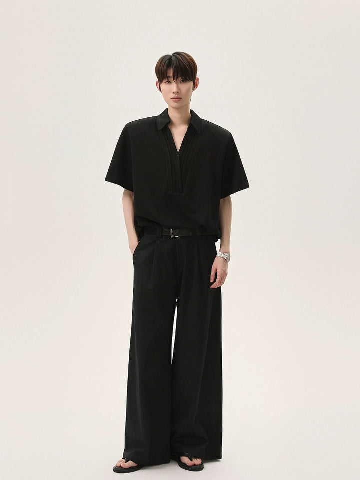 Pleated V-Neck Short Sleeve Pullover