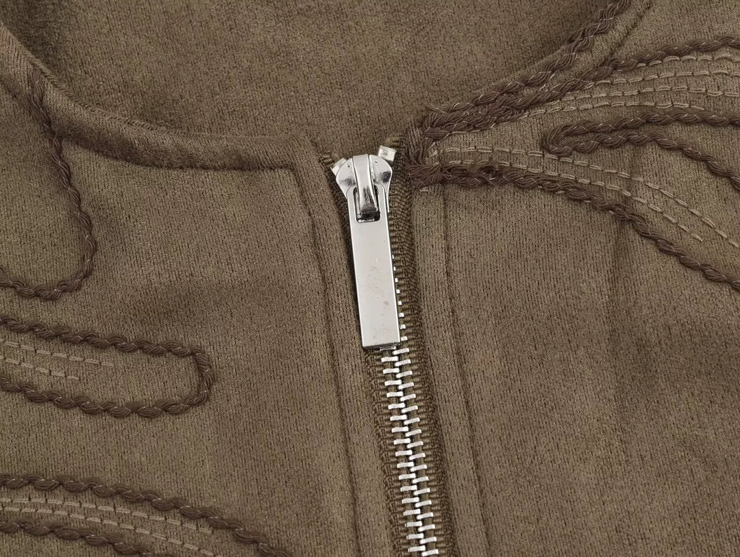 Suede Texture Embroidered Bomber Jacket