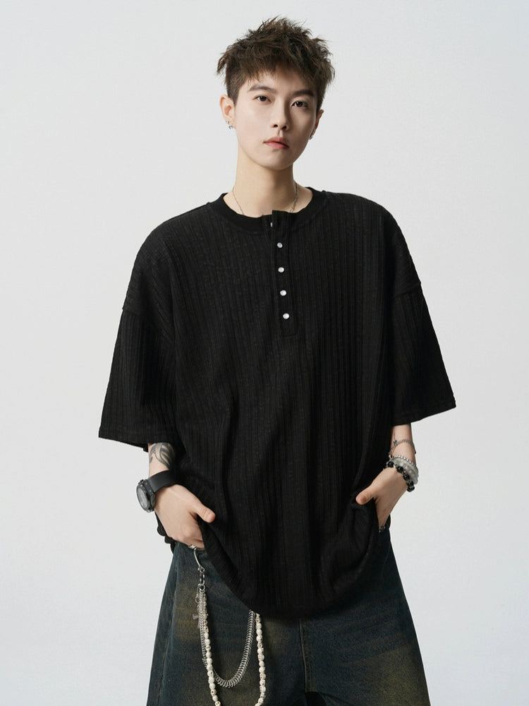 Henley Collar Textured Short Sleeve Pullover