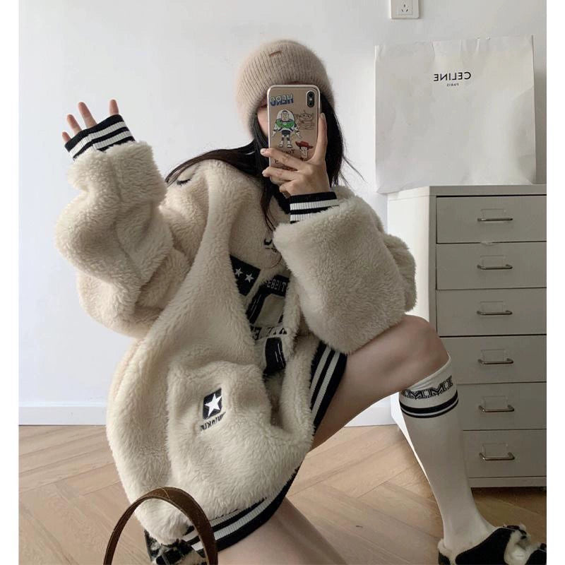 Oversized Sherpa V-Neck Varsity Hoodie