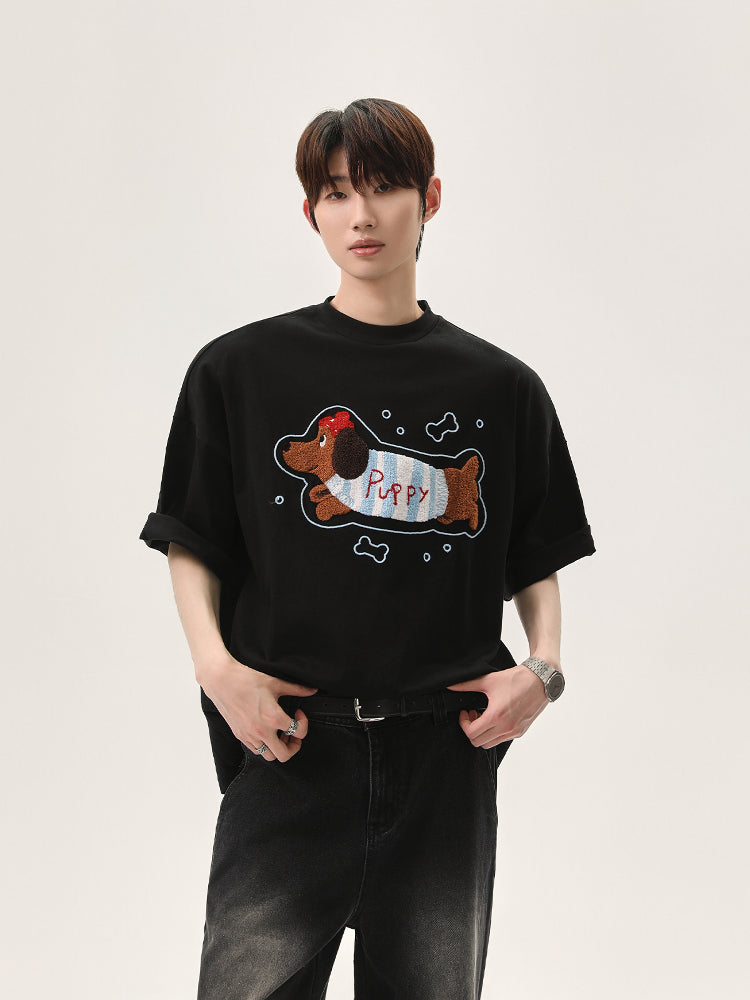 Cartoon Puppy Embroidered Short Sleeve T-shirt
