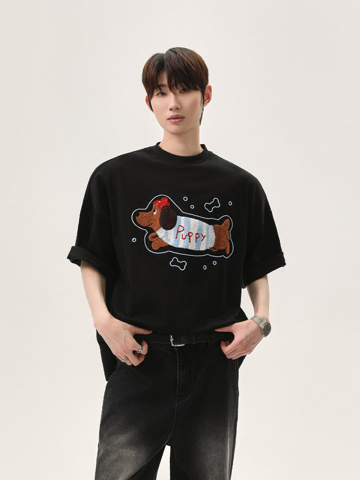 Cartoon Puppy Embroidered Short Sleeve T-shirt
