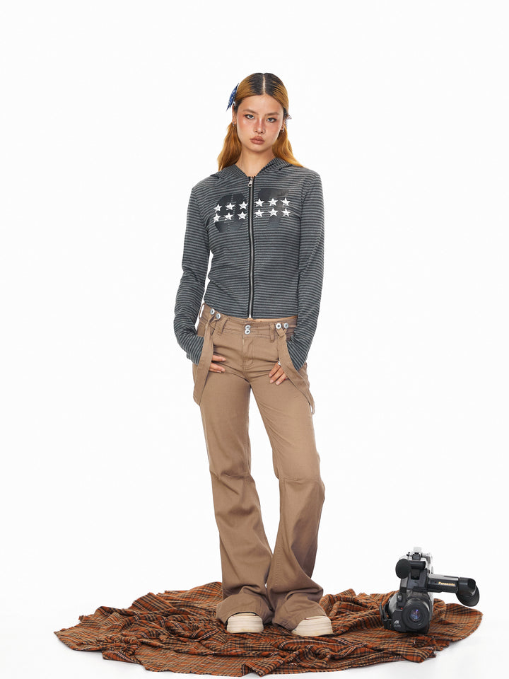 Striped Star Print Hooded Zip Sweatshirt