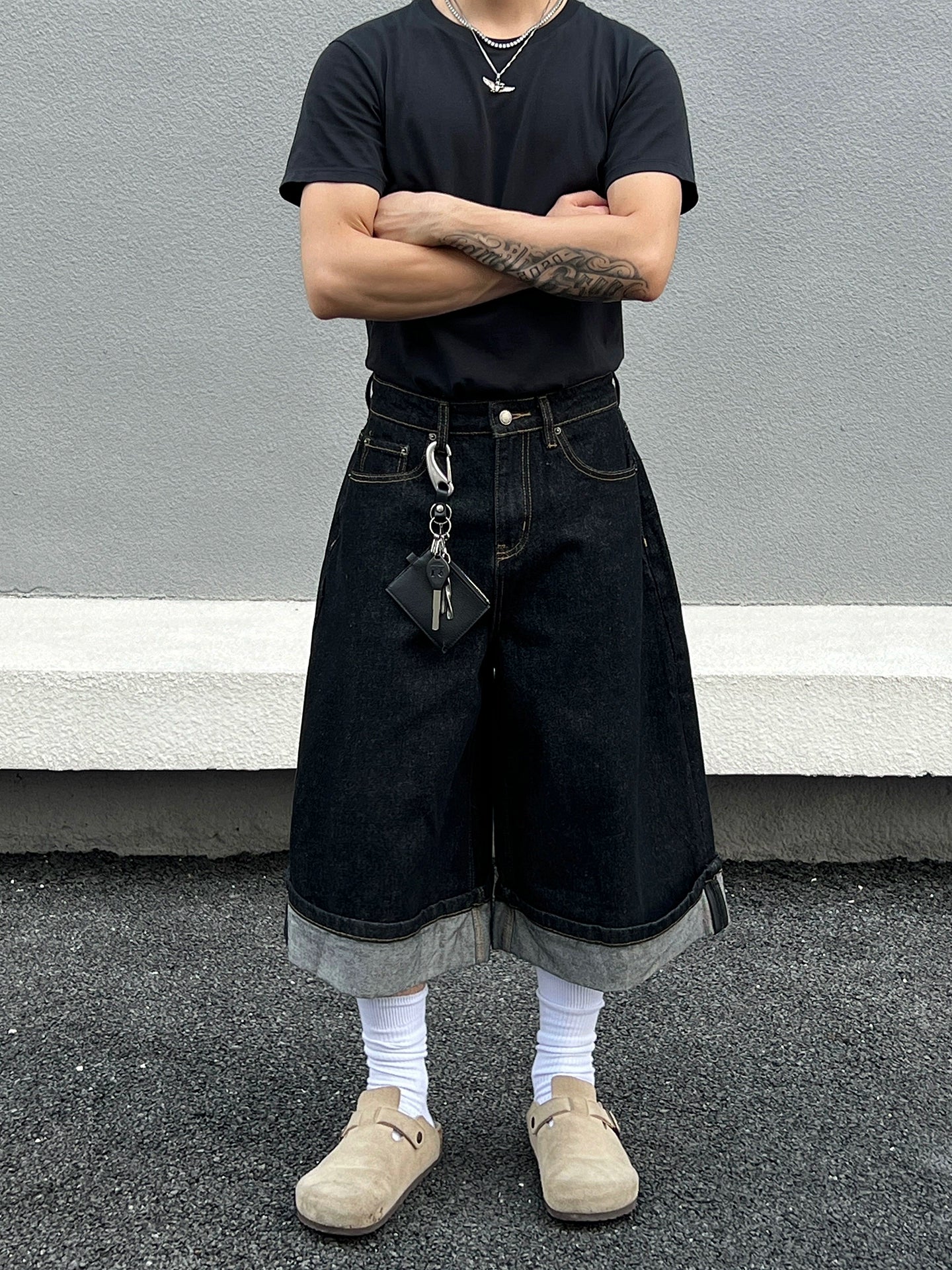 Cuffed Wide-Leg Cropped Denim Pants