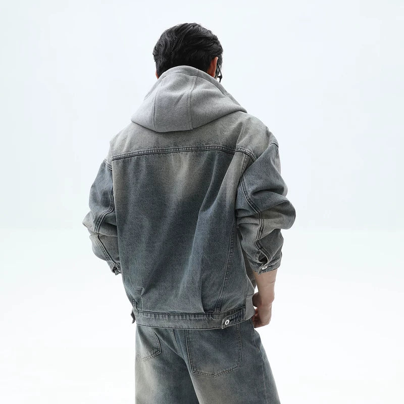 3D Denim Patchwork Hooded Down Jacket