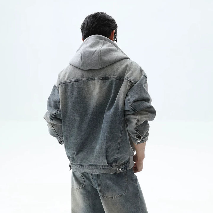 3D Denim Patchwork Hooded Down Jacket