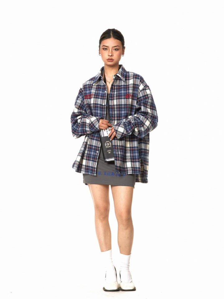 Plaid Embroidered Loose Long-Sleeved Shirt