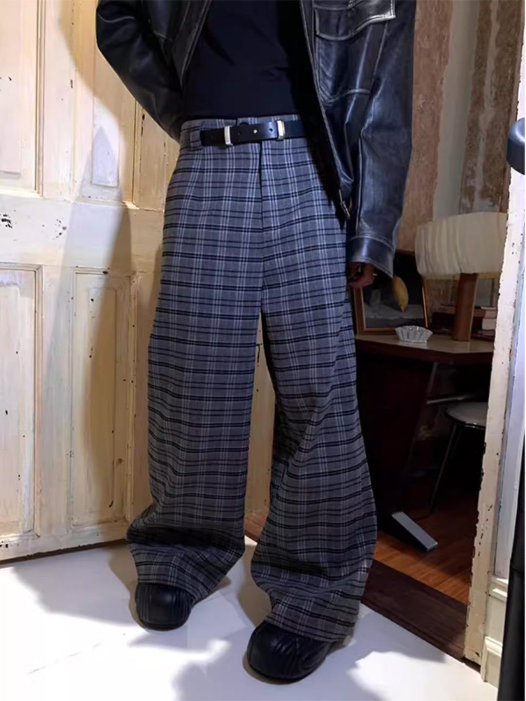 Wide-leg Checked Trousers