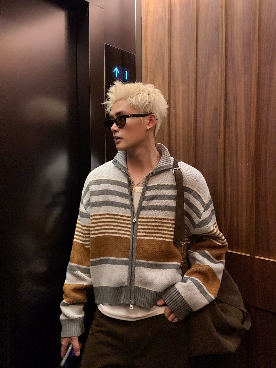 Stand Collar Striped Knitted Cardigan
