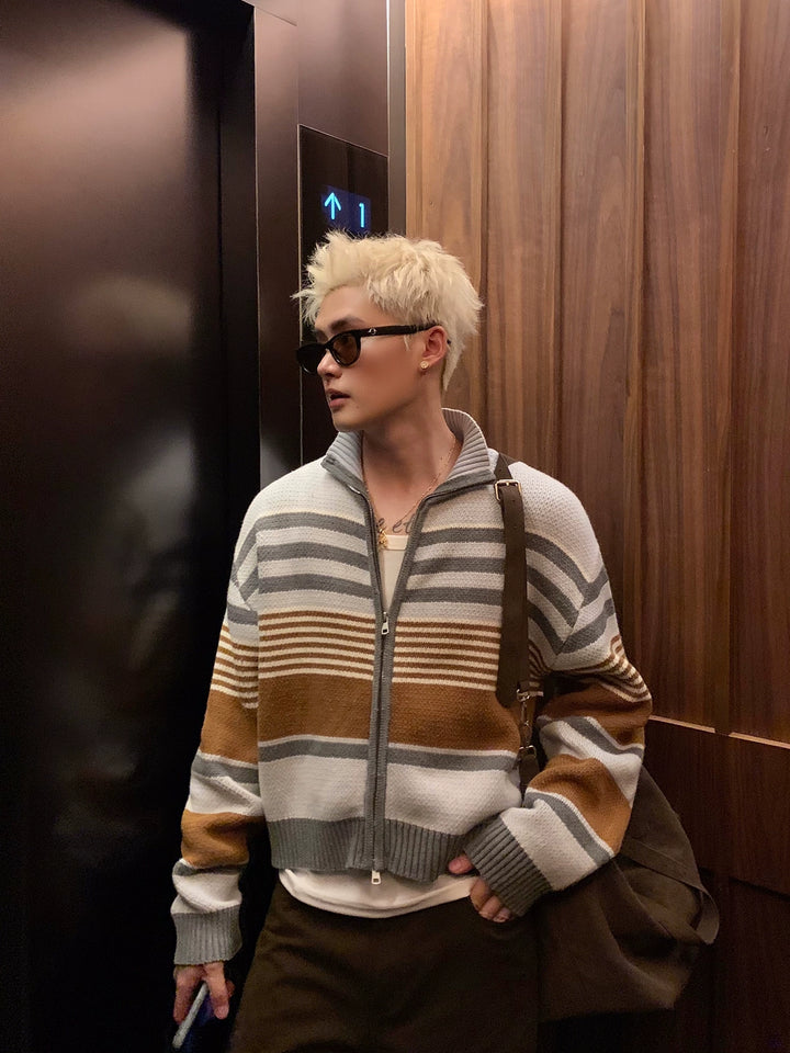 Stand Collar Striped Knitted Cardigan