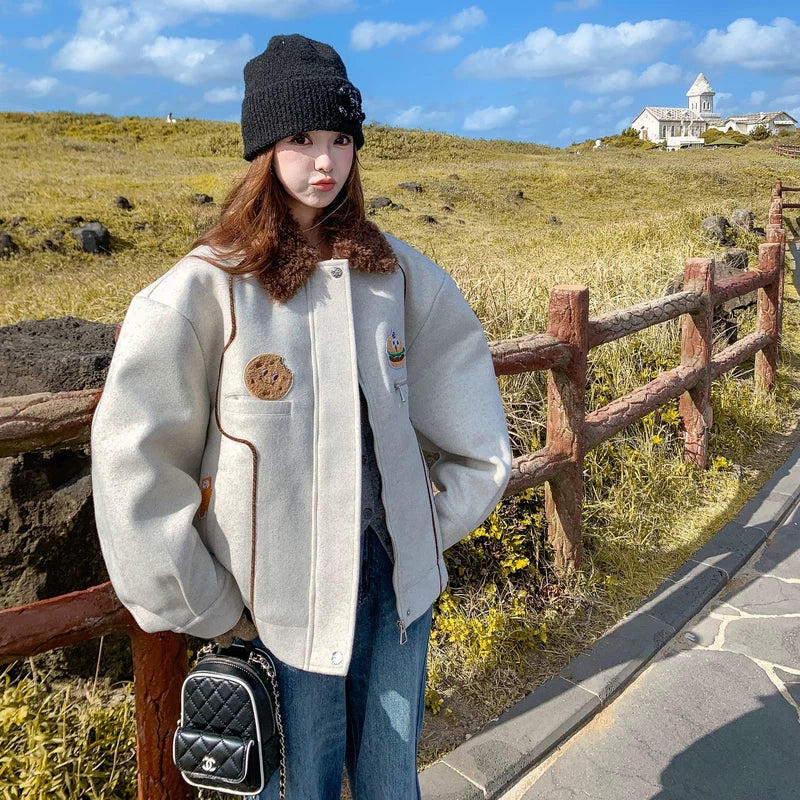 معطف صوف مبطن بياقة من الفرو الصناعي 