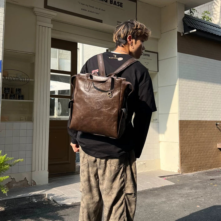 حقيبة ظهر كبيرة على الكتف من جلد PU بتصميم رجعي 