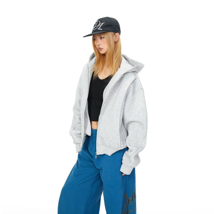 Studded Patchwork Hooded Zip Cardigan