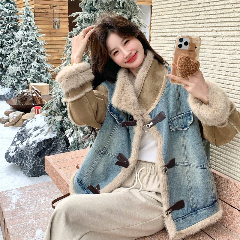 جاكيت مزين بقطع من الدنيم مبطن بالفرو الصناعي 