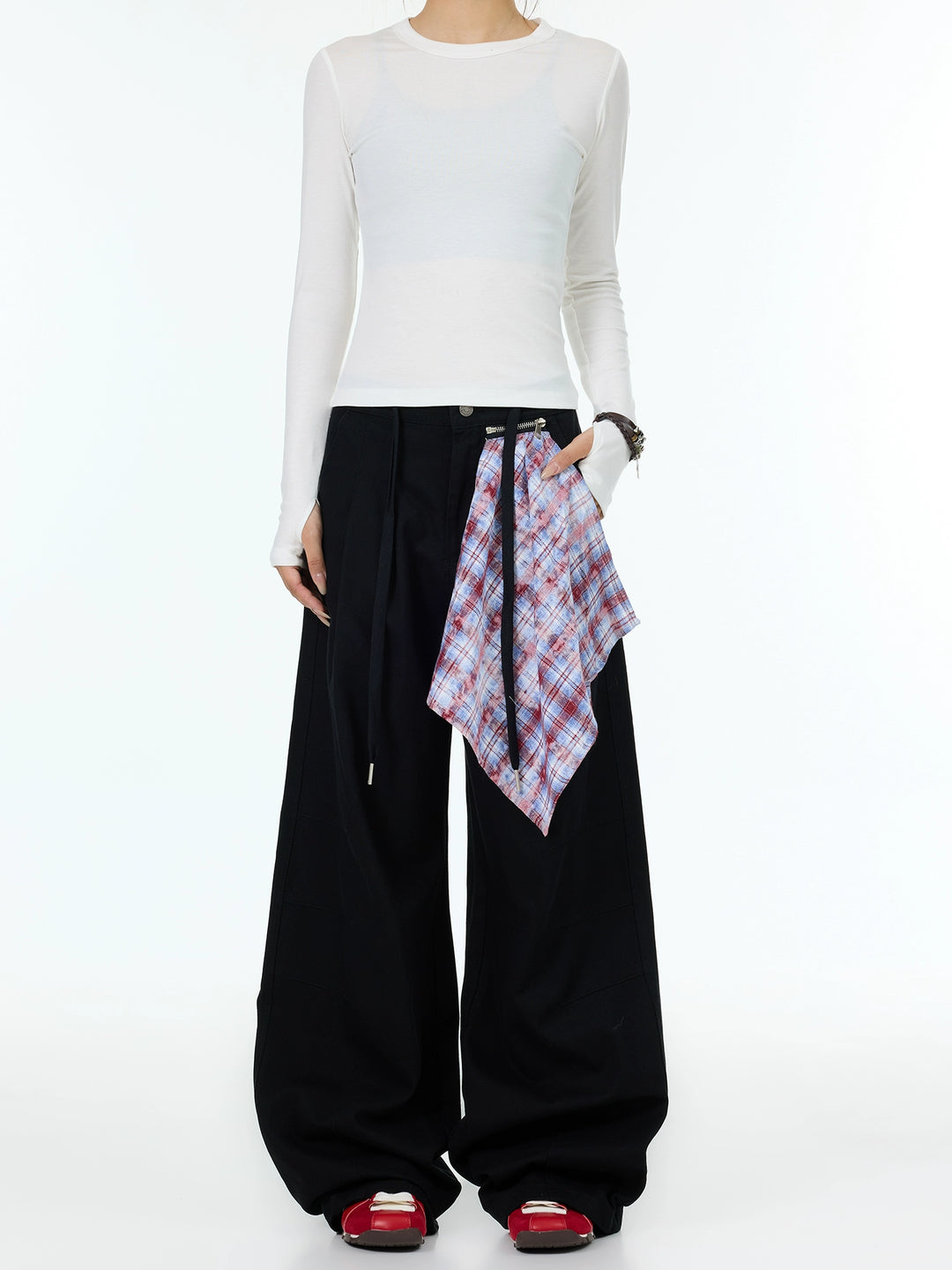 Wide-Leg Casual Pants with Plaid Scarf