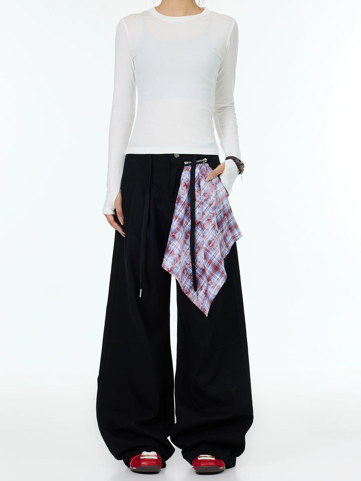 Wide-Leg Casual Pants with Plaid Scarf
