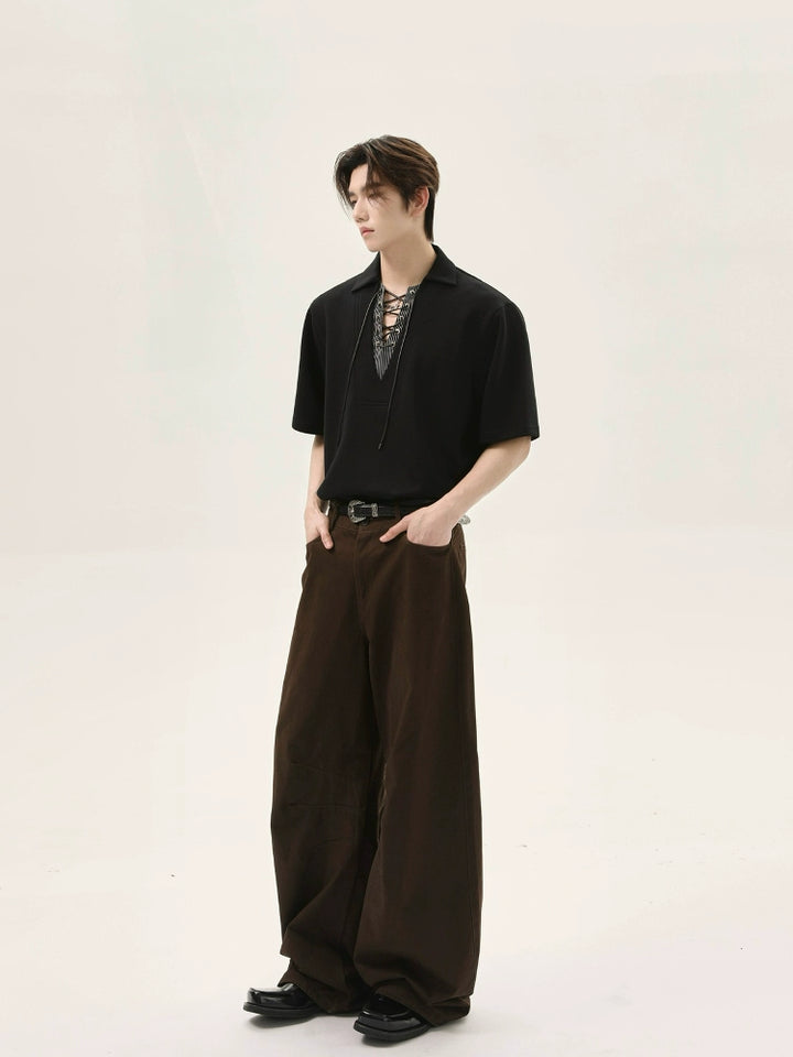 Slim Fit Lapel Drawstring Short Sleeve Pullover