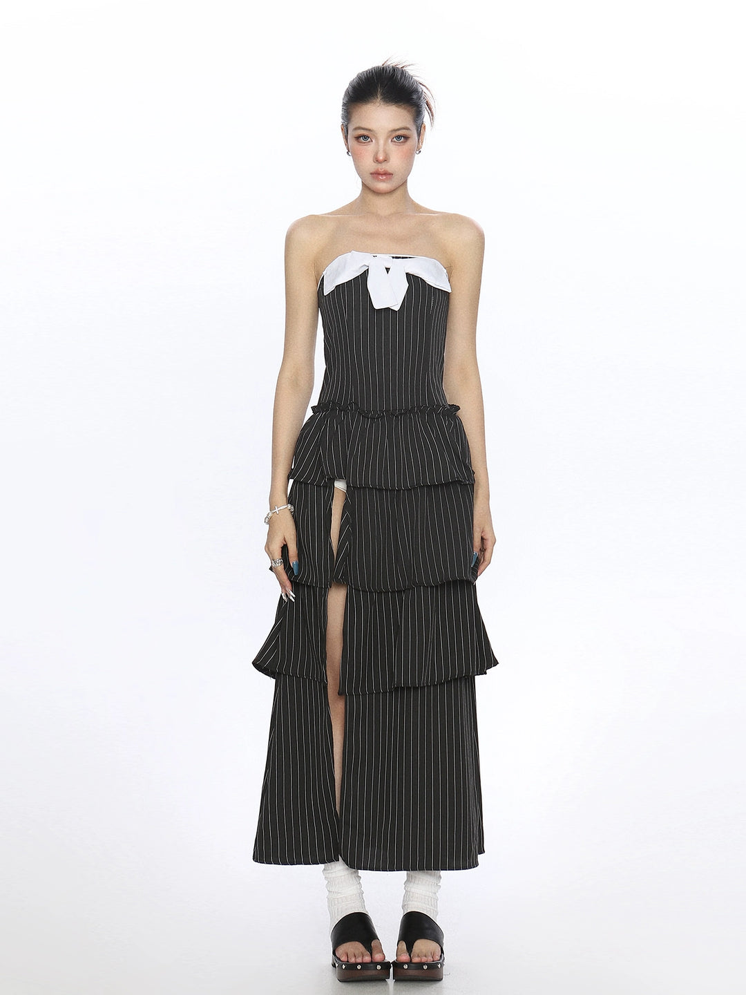 Bowknot Tube Top Slit Long Skirt