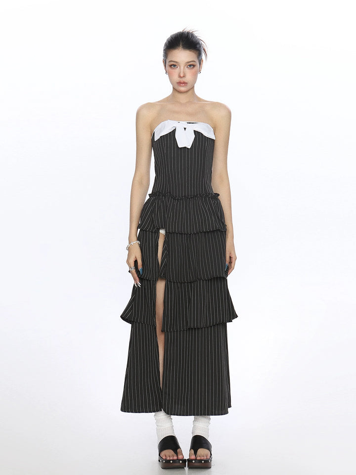 Bowknot Tube Top Slit Long Skirt
