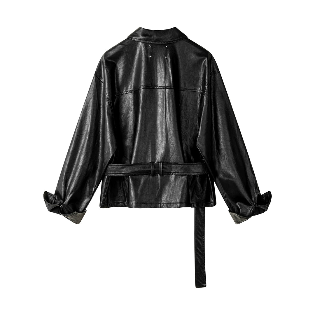 Chaqueta de motocicleta de cuero con cinturón y cuello tipo polo 