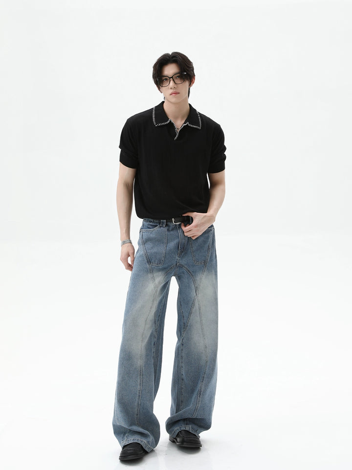 Stitching Lapel Knitted Polo Shirt