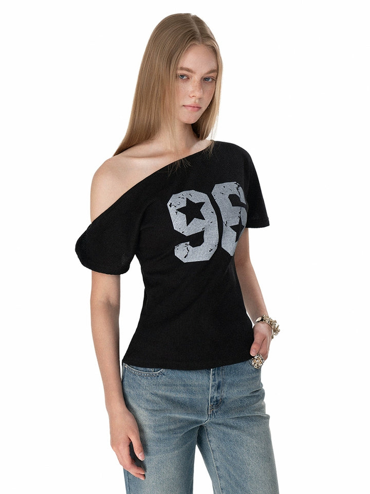 Haut en jersey à gaufres style épaule oblique 