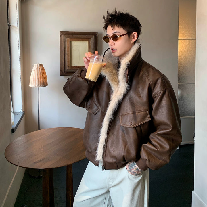 Faux Fur Collar Leather Jacket