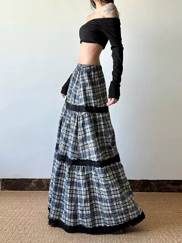 Plaid Lace Splicing Elastic Waist Skirt