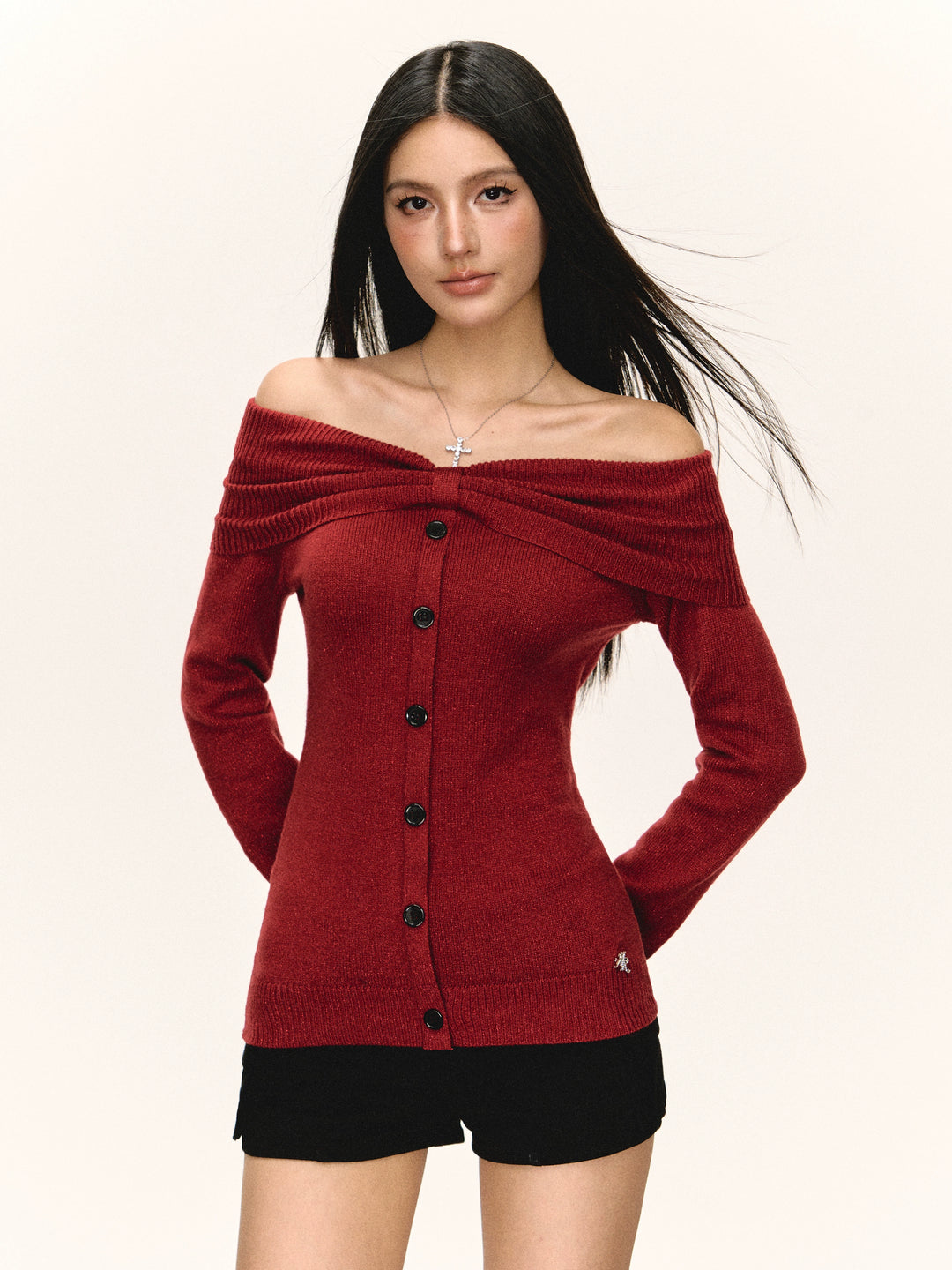 Off-Shoulder Buttoned Knit Sweater