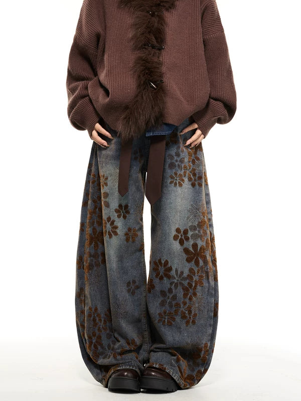 Pantaloni in denim ricamati a gamba larga floreali 